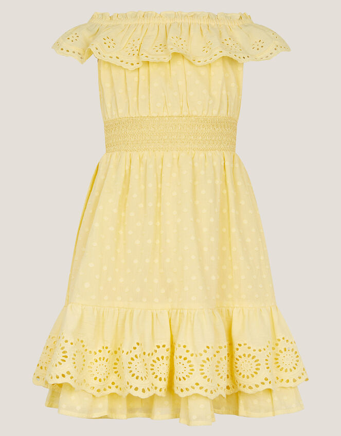 Broderie Bardot Dress, Yellow (YELLOW), large
