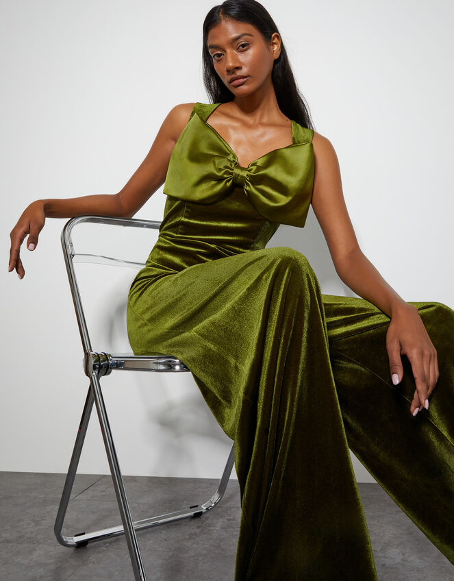 Monsoon x Sarah Corbett-Winder Satin Bow Velvet Jumpsuit, Green (GREEN), large