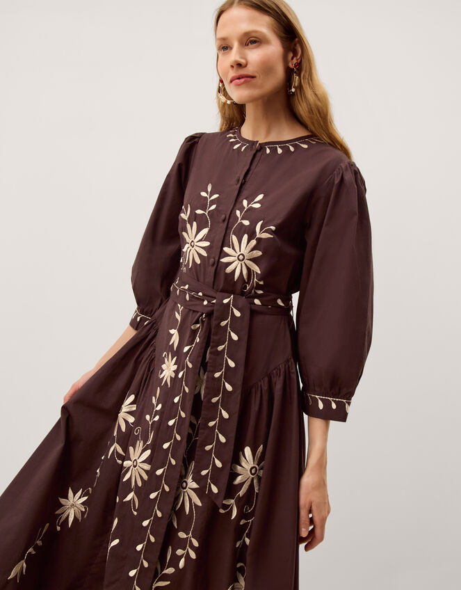 Eloise Floral Embroidered Midi Dress, Brown (CHOCOLATE), large