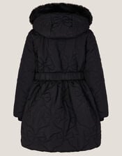 Faux Fur Hooded Bow Quilted Coat, Black (BLACK), large
