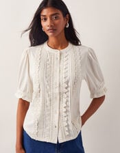 Lia Lace Puff-Sleeve Blouse, Ivory (IVORY), large