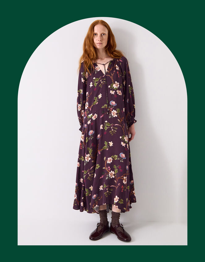 East Adelle Floral Long Sleeve Midi Dress, Red (BERRY), large