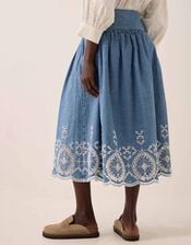 East Coralie Broderie Denim Midi Skirt, Blue (BLUE), large