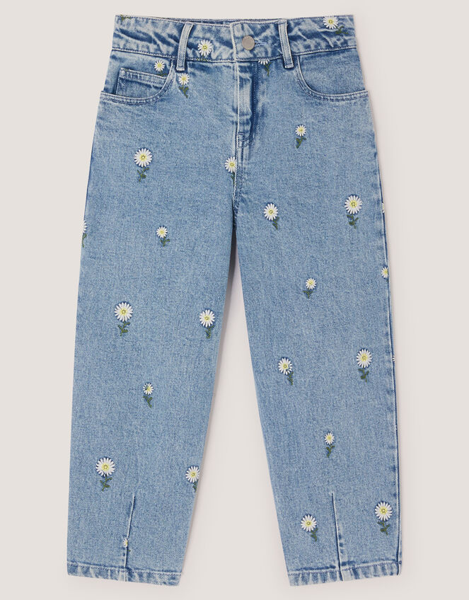Daisy Embroidered Barrel Jeans, Blue (BLUE), large