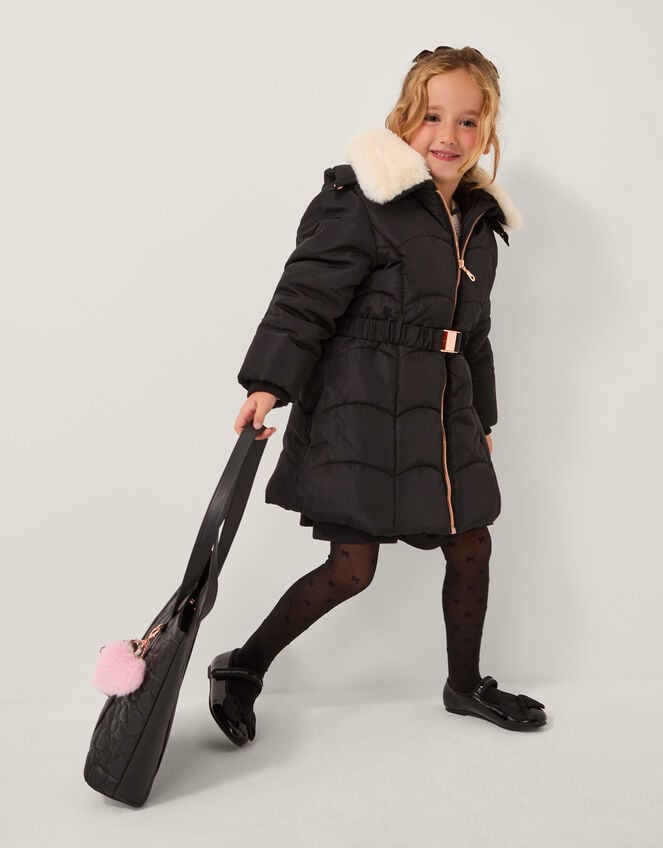 Fluffy Collar Belted Puffer Coat, Black (BLACK), large
