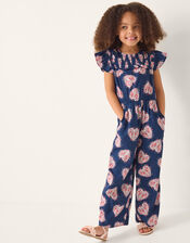 Heart Print Smock Jumpsuit, Blue (NAVY), large