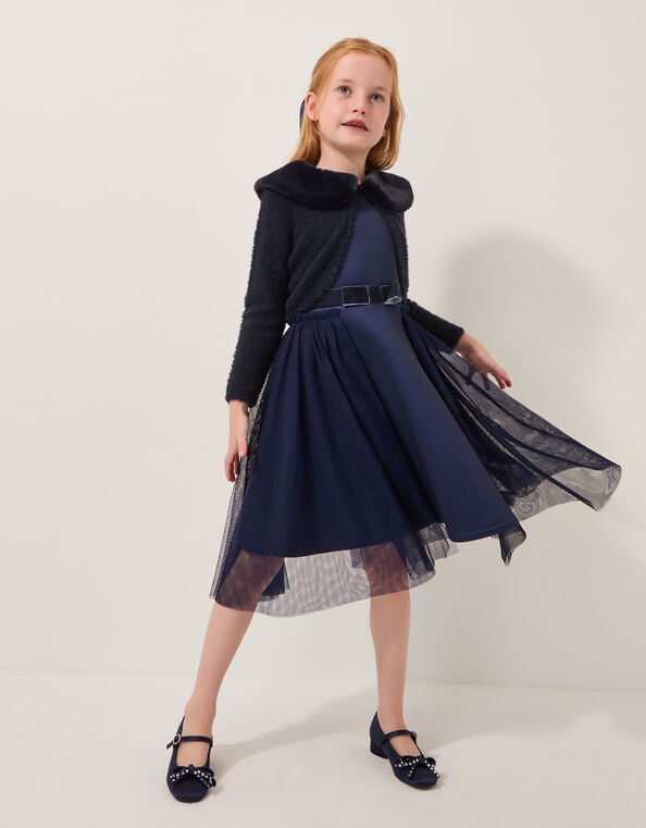 Faux Fur Collar Cardigan, Blue (NAVY), large