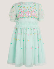 Puff Sleeve Floral Mesh Dress, Blue (BLUE), large