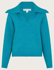 Clover V-Neck Collar Jumper, Blue (TURQUOISE), large