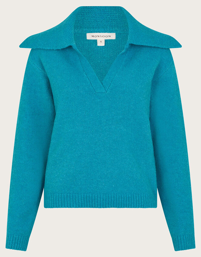 Clover V-Neck Collar Jumper, Blue (TURQUOISE), large