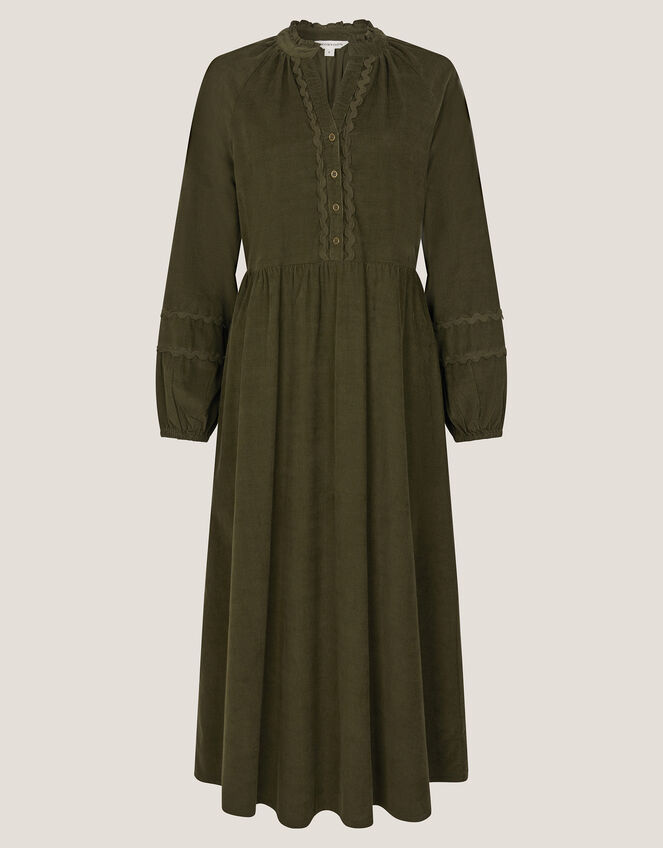 Zola Ric Rac Corduroy Midi Dress, Green (KHAKI), large