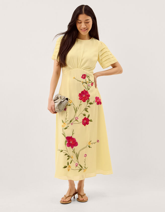 Jocelyn Floral Embroidered Midi Dress, Yellow (YELLOW), large