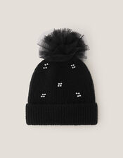 Tulle Pom-Pom Beanie Hat, Black (BLACK), large