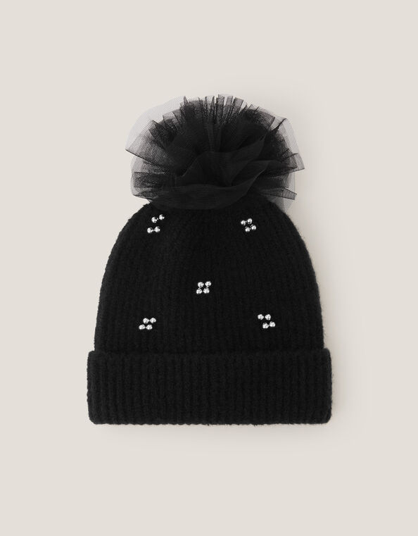 Tulle Pom-Pom Beanie Hat, Black (BLACK), large