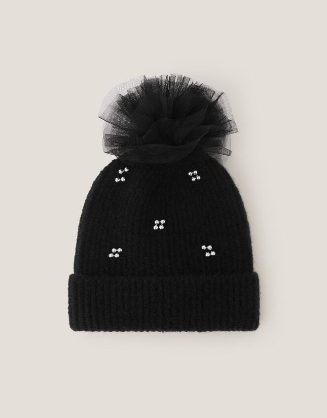Tulle Pom-Pom Beanie Hat, Black (BLACK), large