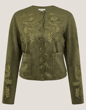 Ari Embroidered Suedette Jacket, Green (KHAKI), large