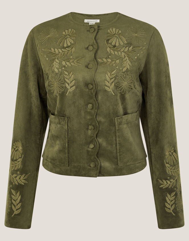 Ari Embroidered Suedette Jacket, Green (KHAKI), large