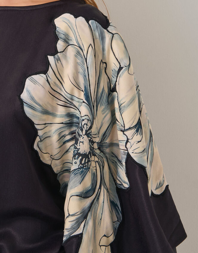 Emilia Floral Satin Kimono Dress, Black (BLACK), large