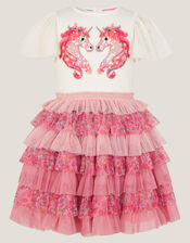 Sequin Unicorn Ruffle Tiered Dress, Pink (PINK), large