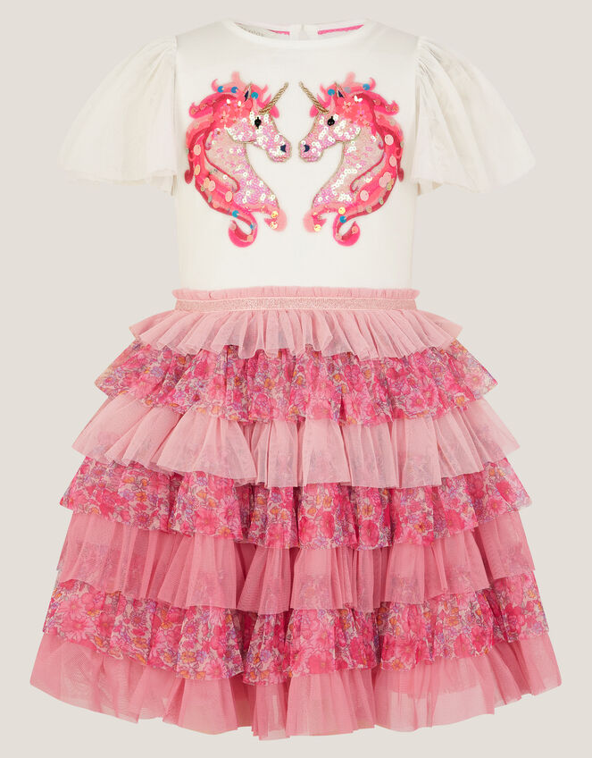 Sequin Unicorn Ruffle Tiered Dress, Pink (PINK), large