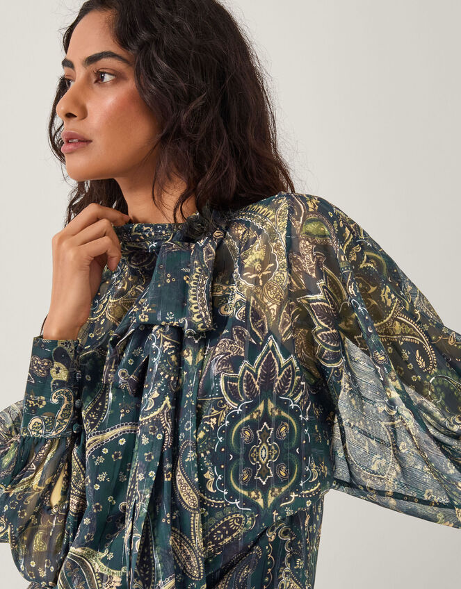 Marianna Sheer Paisley Pussybow Blouse, Green (GREEN), large