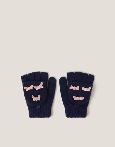 Bow Fingerless Gloves with Mittens, Blue (NAVY), large
