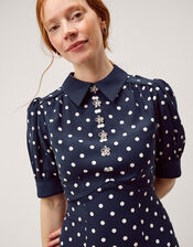 Kate Puff Sleeve Polka Dot Midi Dress, Blue (NAVY), large