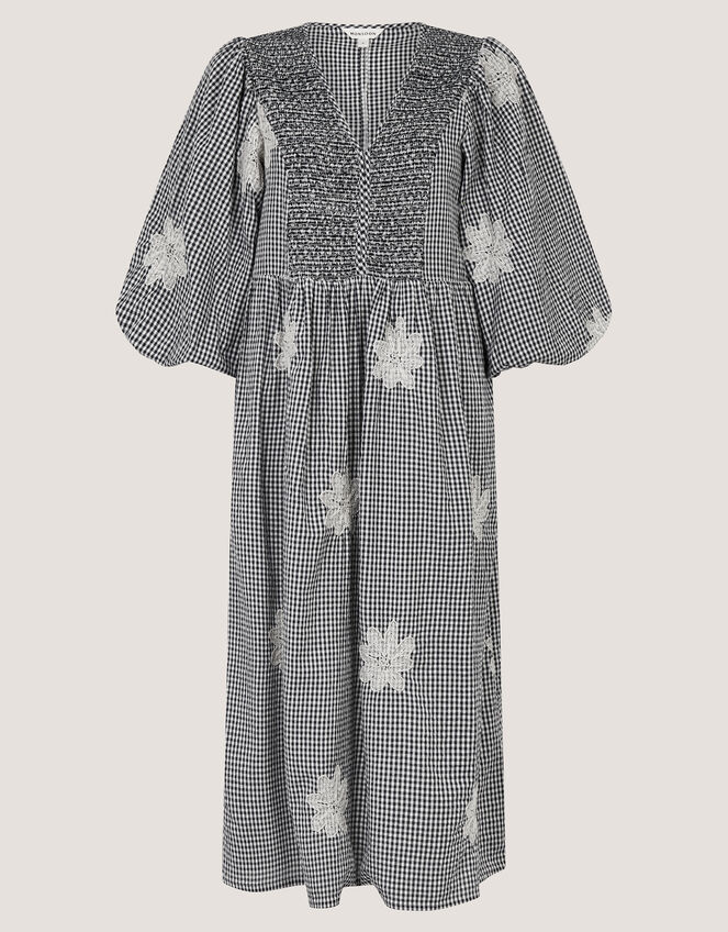 Mimi Puff Sleeve Gingham Midi Dress, Black (BLACK), large