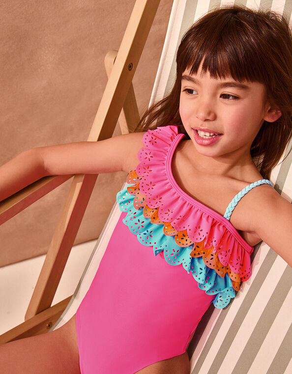 Asymmetrical Broderie Tier Swimsuit, Pink (PINK), large