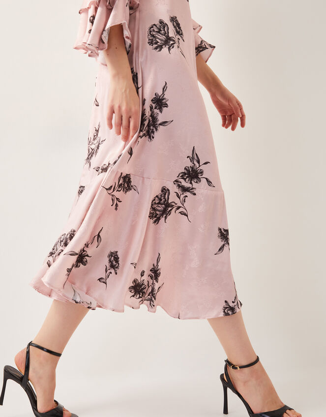 Pelia Floral Satin Ruffle Midi Dress, Pink (PINK), large