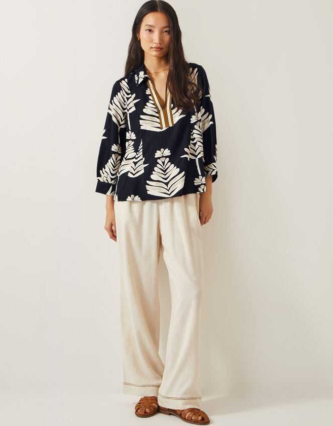 Pamela Linen Blend Leaf Print Top, Black (BLACK), large
