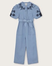 Floral Embroidered Chambray Jumpsuit, Blue (BLUE), large