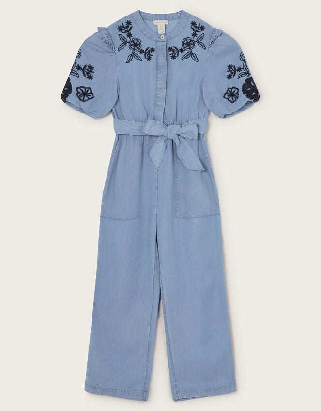 Floral Embroidered Chambray Jumpsuit, Blue (BLUE), large