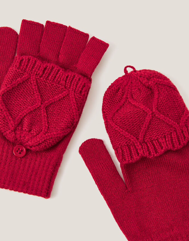 Diamond Fingerless Gloves with Mittens, Red (RED), large