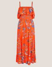 Kaia Floral Frill Midi Dress, Orange (ORANGE), large