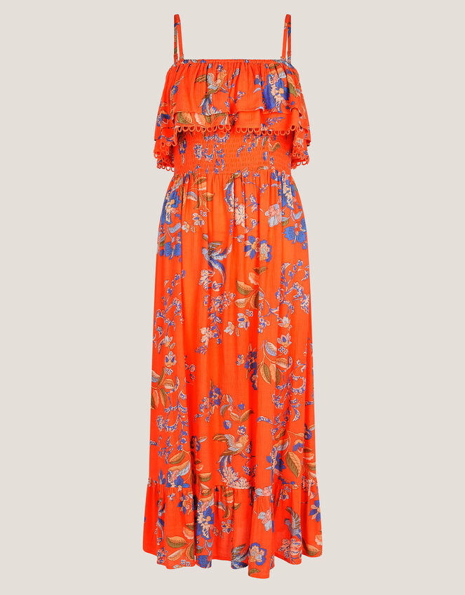 Kaia Floral Frill Midi Dress, Orange (ORANGE), large