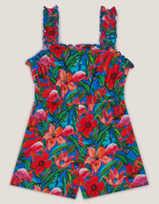 Tropical Print Jersey Playsuit, Blue (BLUE), large