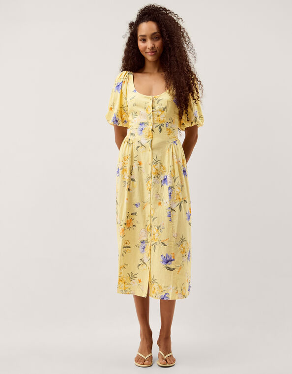 Etta Floral Linen Blend Midi Dress, Yellow (YELLOW), large
