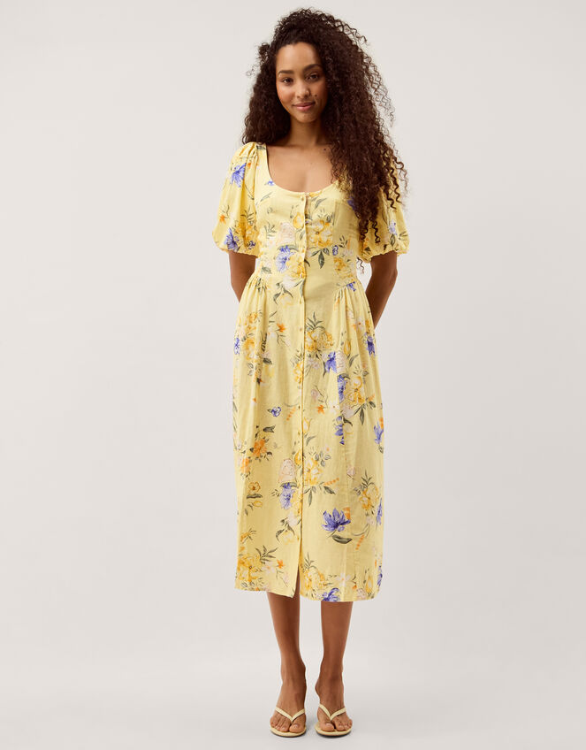 Etta Floral Linen Blend Midi Dress, Yellow (YELLOW), large