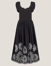 Ella Frill Floral Embroidered Midi Dress, Black (BLACK), large