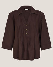 Elsie Pintuck Shirt, Brown (CHOCOLATE), large