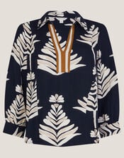 Pamela Linen Blend Leaf Print Top, Black (BLACK), large