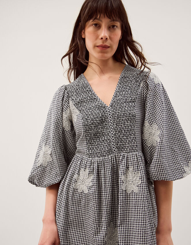 Mimi Puff Sleeve Gingham Midi Dress, Black (BLACK), large