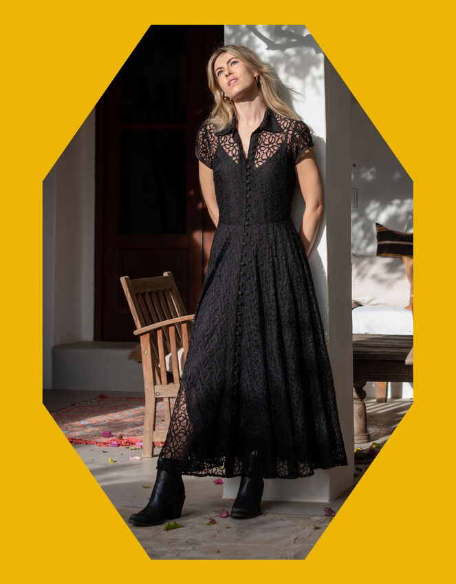 Lyrical Sisters Lace Maxi Shirt Dress, Black (BLACK), large