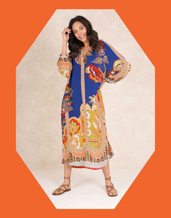 One Hundred Stars Rio Floral Linen Tunic Dress, Blue (BLUE), large