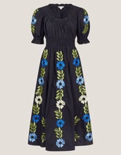 Shona Embroidered Puff-Sleeve Midi Dress, Black (BLACK), large