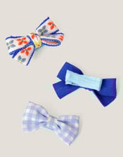3-Pack Mix Bow Hair Clips, Blue (BLUE), large