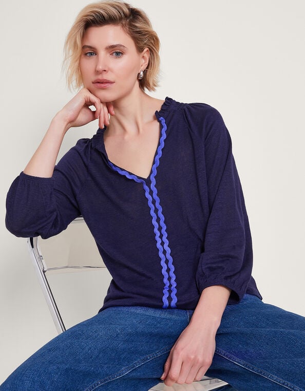 Lola Embroidered Linen Top, Blue (NAVY), large