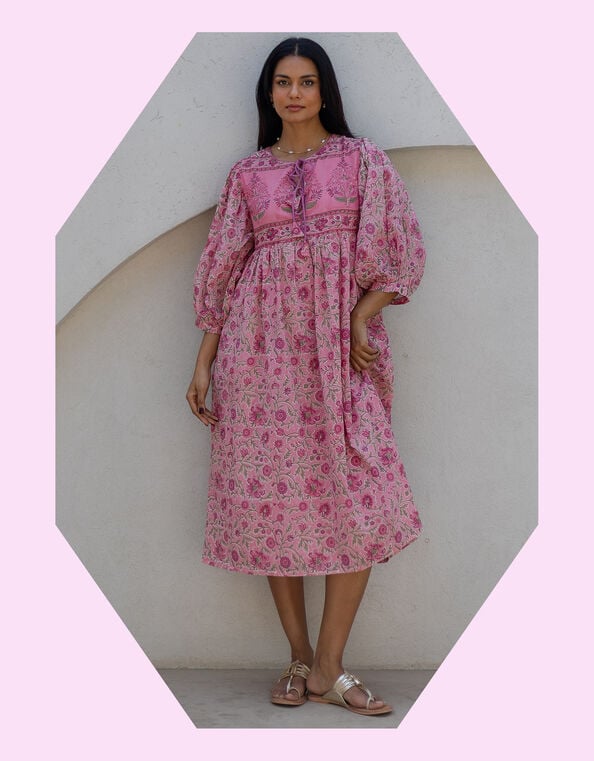 Dilli Grey Fara Floral Block Print Midi Dress, Pink (PINK), large