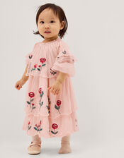 Baby Floral Embroidered Scallop Tier Dress, Ivory (IVORY), large